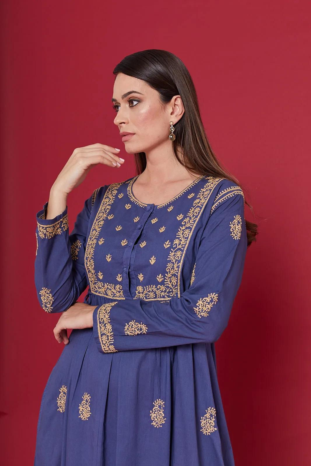 Embroidered Chikankari Kaftan in Twilight Blue