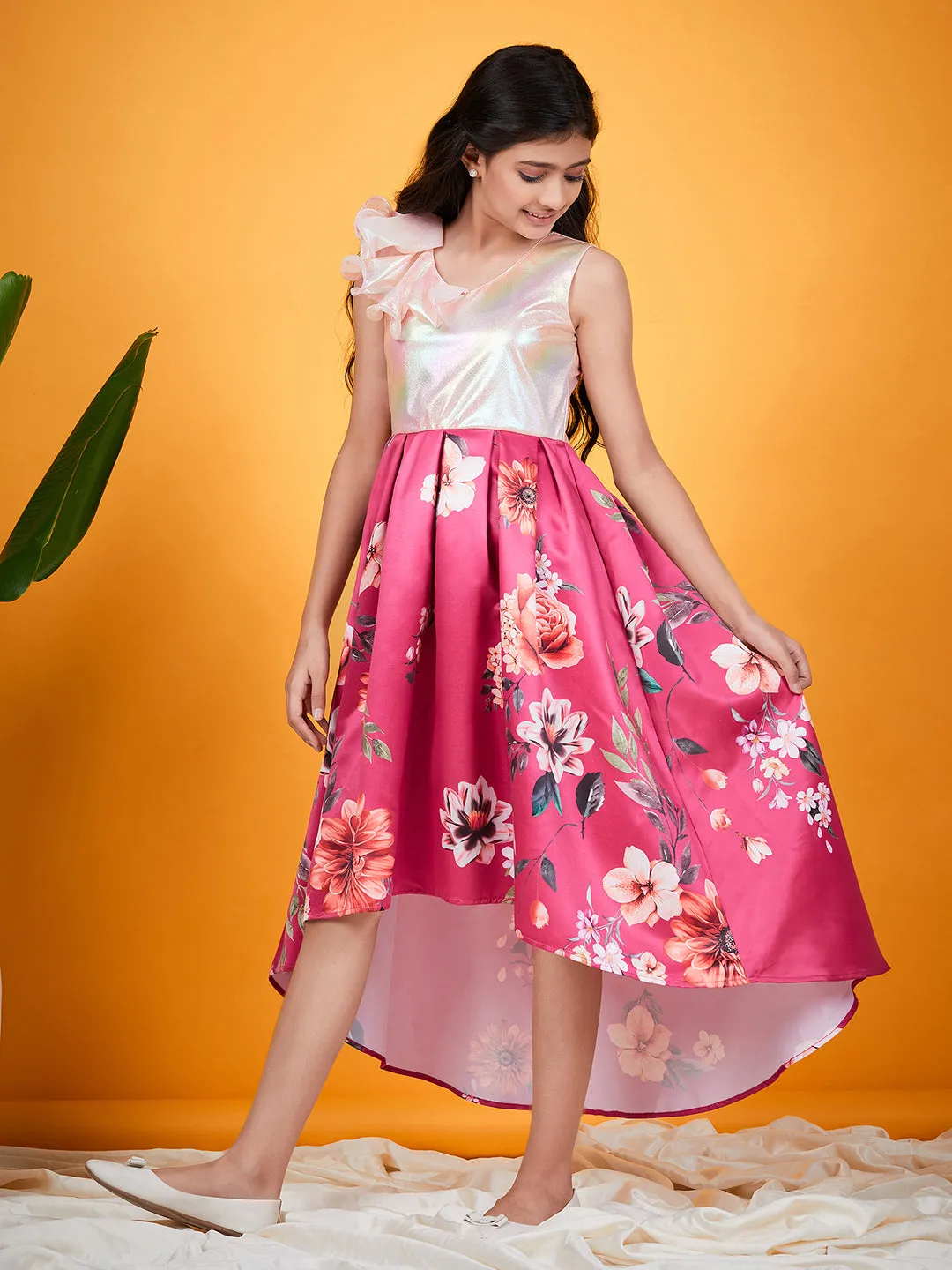 Girls Floral Printed A Line Midi Dress - Ps Peaches