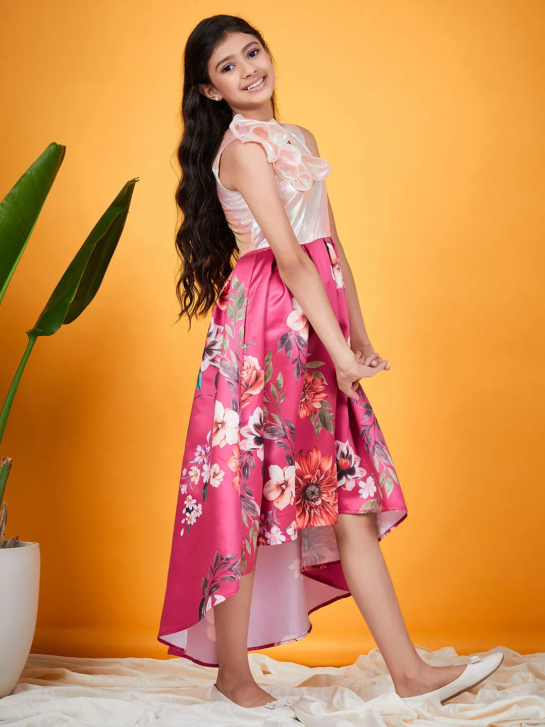 Girls Floral Printed A Line Midi Dress - Ps Peaches