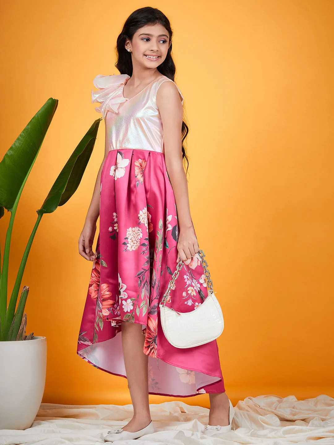 Girls Floral Printed A Line Midi Dress - Ps Peaches
