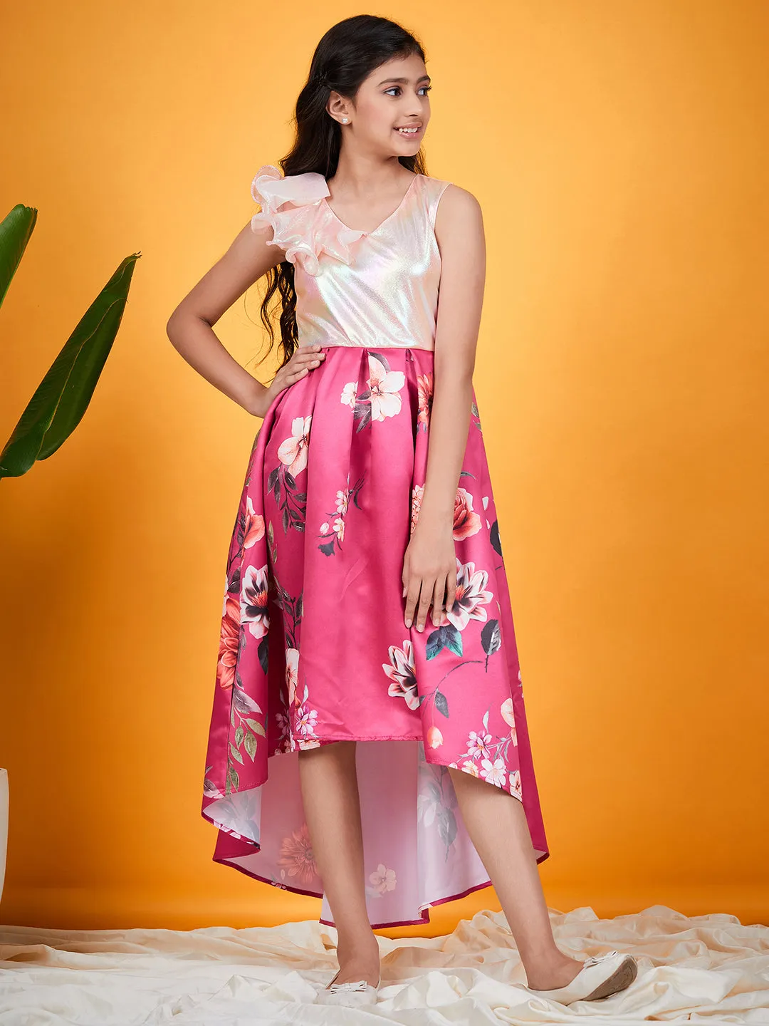 Girls Floral Printed A Line Midi Dress - Ps Peaches