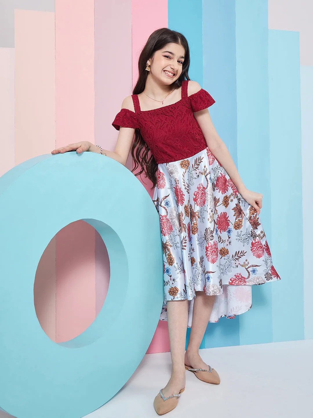 Girls Floral Printed Cold-Shoulder Satin Fit Flare Midi Dress