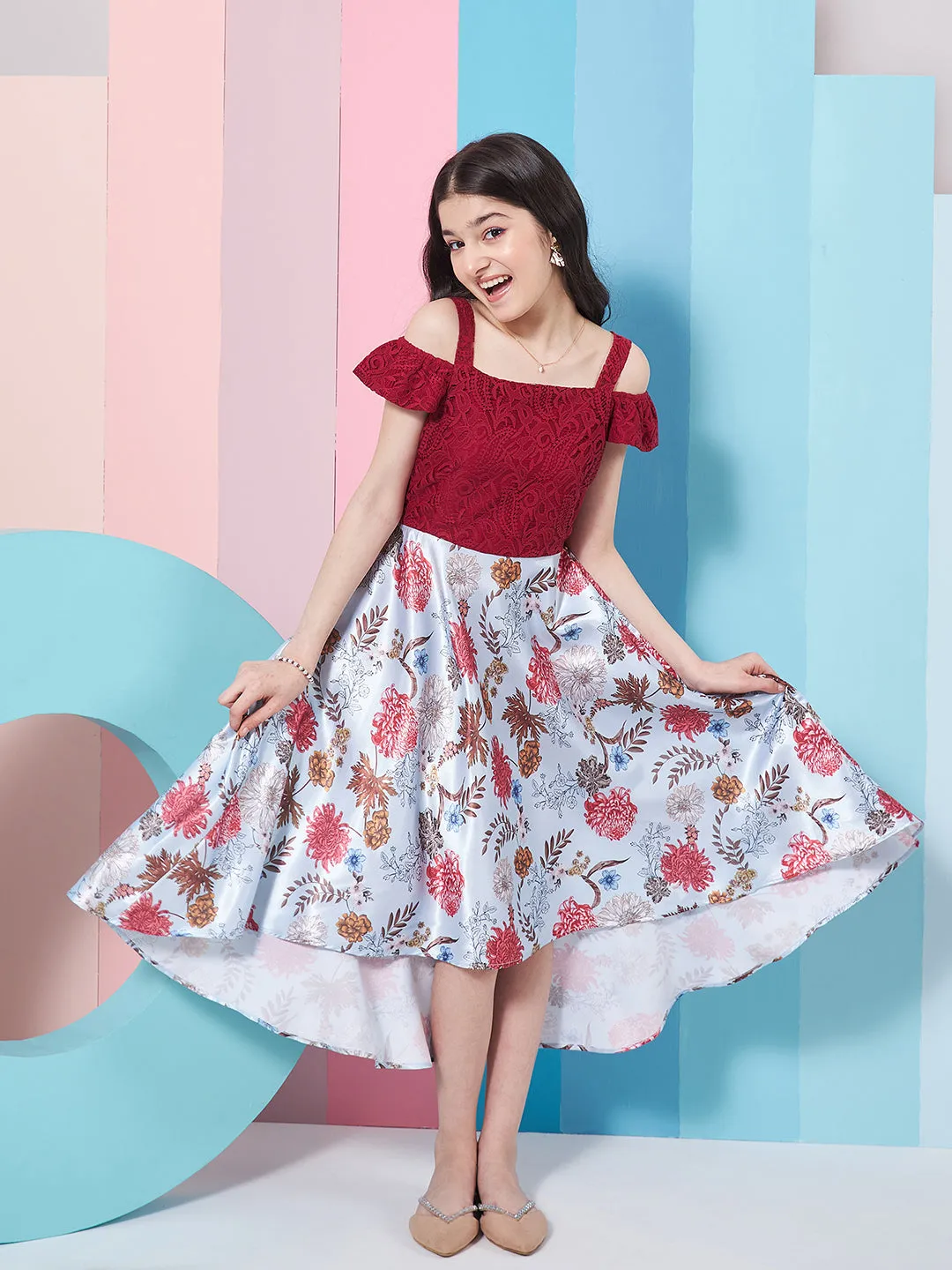 Girls Floral Printed Cold-Shoulder Satin Fit Flare Midi Dress