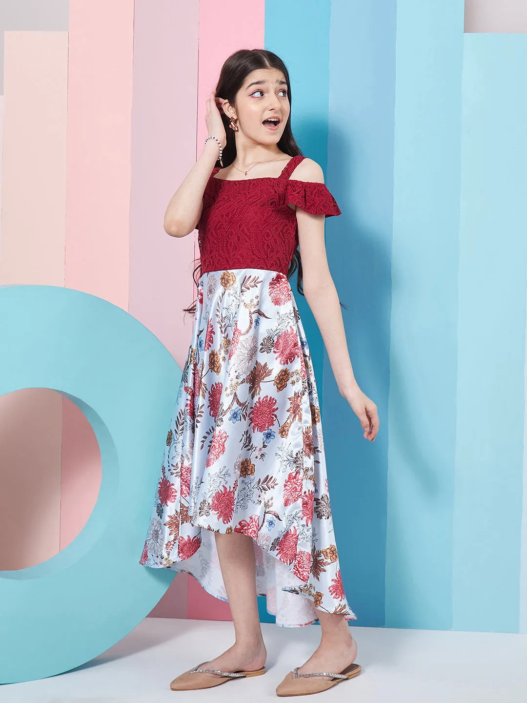 Girls Floral Printed Cold-Shoulder Satin Fit Flare Midi Dress