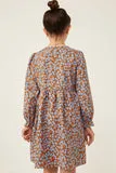 Girls Floral Printed Corduroy Cinch Cuff Dress