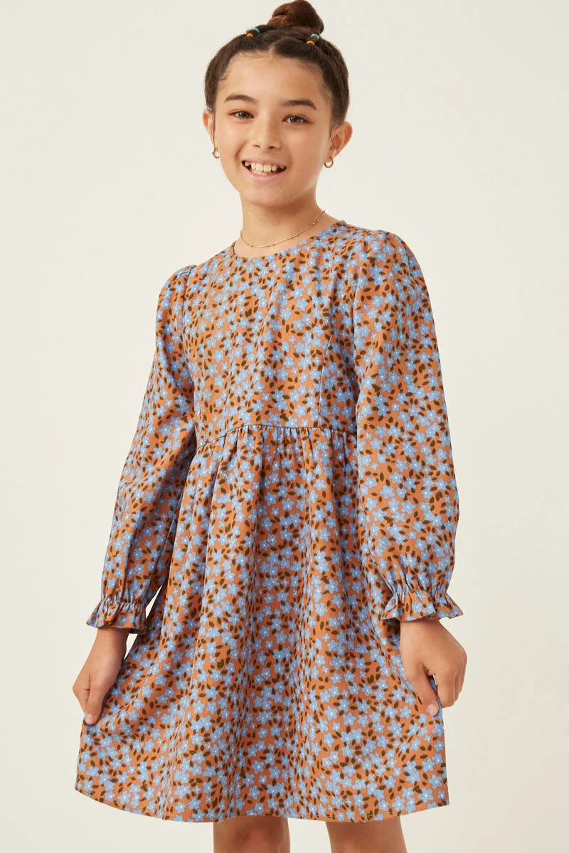 Girls Floral Printed Corduroy Cinch Cuff Dress