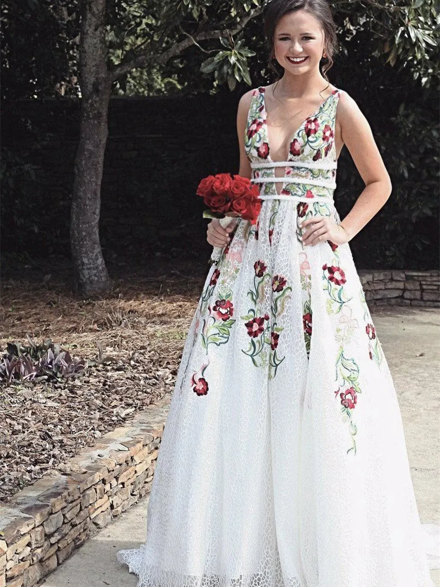 Gorgeous Lace Prom Dresses A-line Floral Gowns With Sweep Train PD358