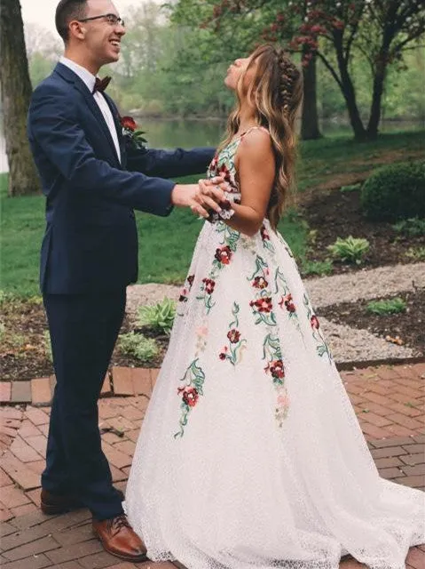 Gorgeous Lace Prom Dresses A-line Floral Gowns With Sweep Train PD358