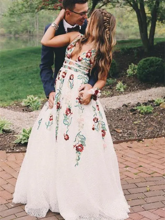 Gorgeous Lace Prom Dresses A-line Floral Gowns With Sweep Train PD358