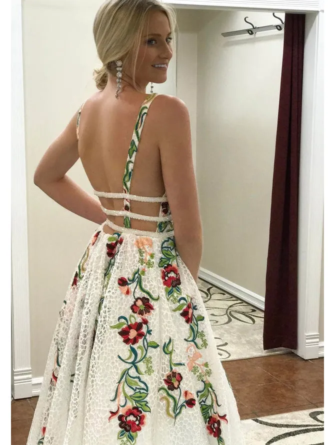 Gorgeous Lace Prom Dresses A-line Floral Gowns With Sweep Train PD358