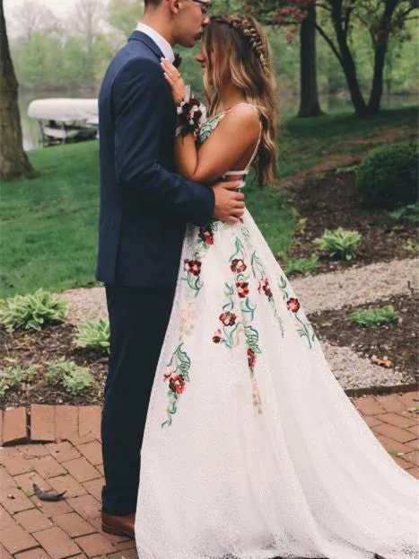 Gorgeous Lace Prom Dresses A-line Floral Gowns With Sweep Train PD358