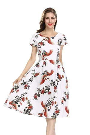 Gorgeous White with Red Crane and Floral Scoop Neck Short Sleeve A Line Vintage Dress