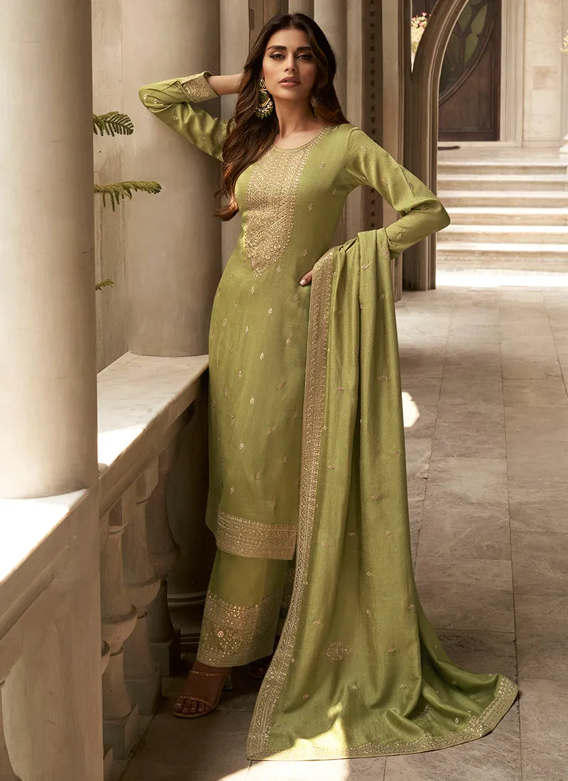 Green Sequence Embroidery Silk Palazzo Suit