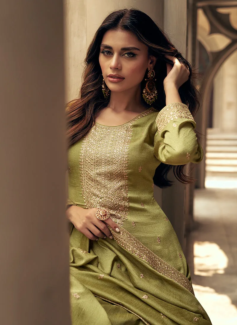 Green Sequence Embroidery Silk Palazzo Suit