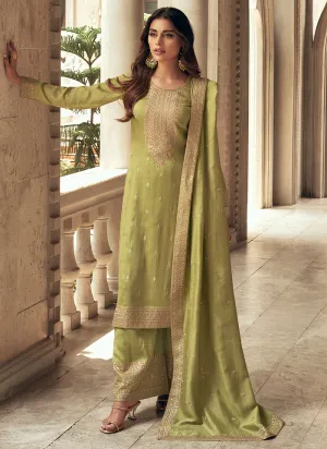 Green Sequence Embroidery Silk Palazzo Suit