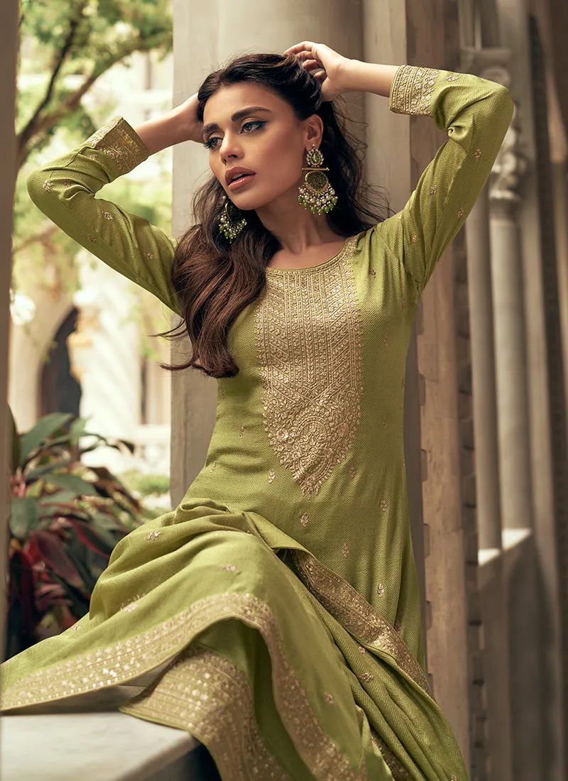 Green Sequence Embroidery Silk Palazzo Suit