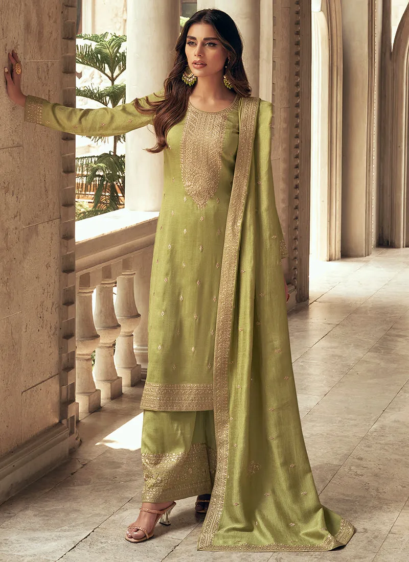 Green Sequence Embroidery Silk Palazzo Suit