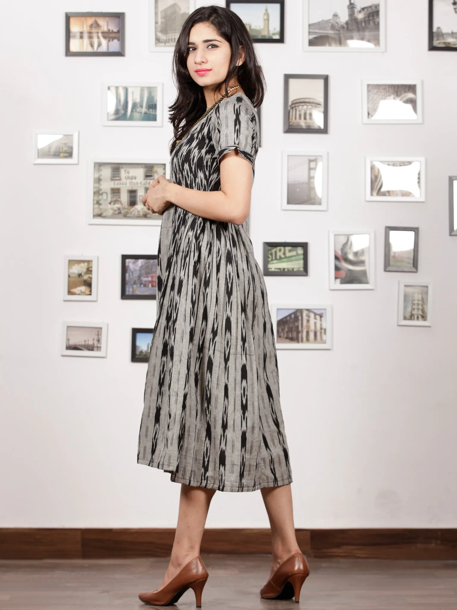 Grey Black Handwoven Ikat Dress With Princess Cut & Knife Pleates-  D278F1256