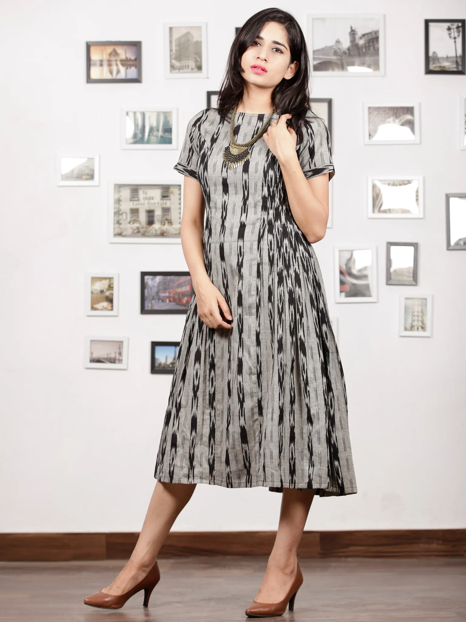 Grey Black Handwoven Ikat Dress With Princess Cut & Knife Pleates-  D278F1256
