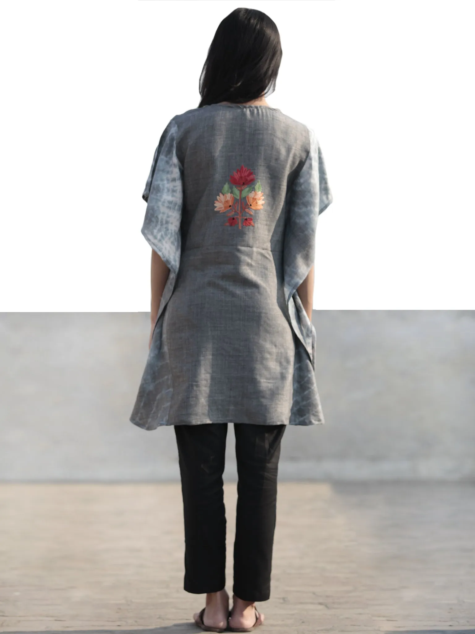 Grey Red Orange Green Aari Embroidered Short Kashmere Kaftan  - K11K045