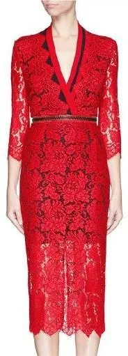 Lace V-neck Zip-Waist Red Dress
