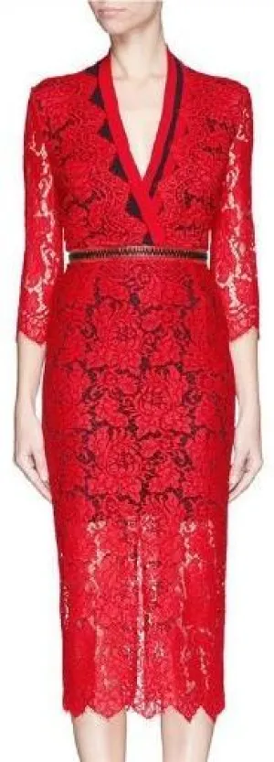 Lace V-neck Zip-Waist Red Dress