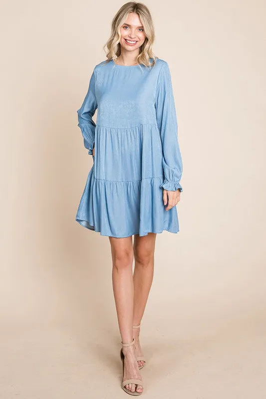 Light Blue Chambray Pleated Tiered Long Sleeve Dress