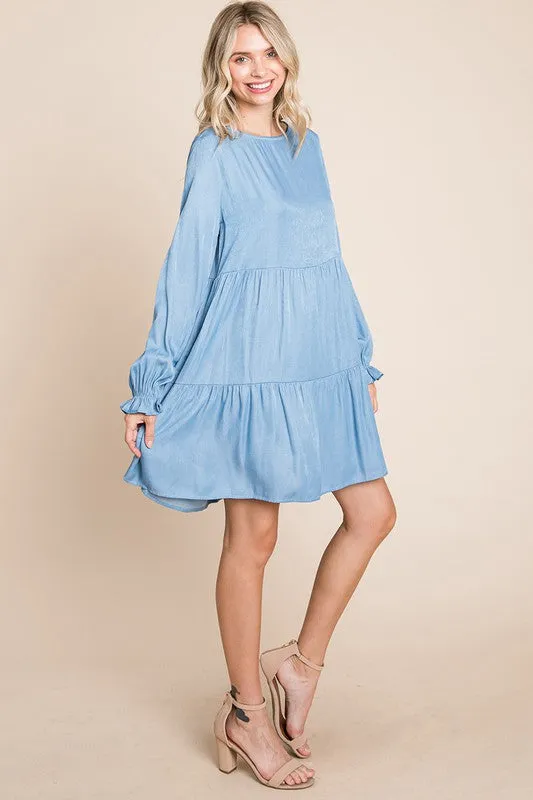 Light Blue Chambray Pleated Tiered Long Sleeve Dress