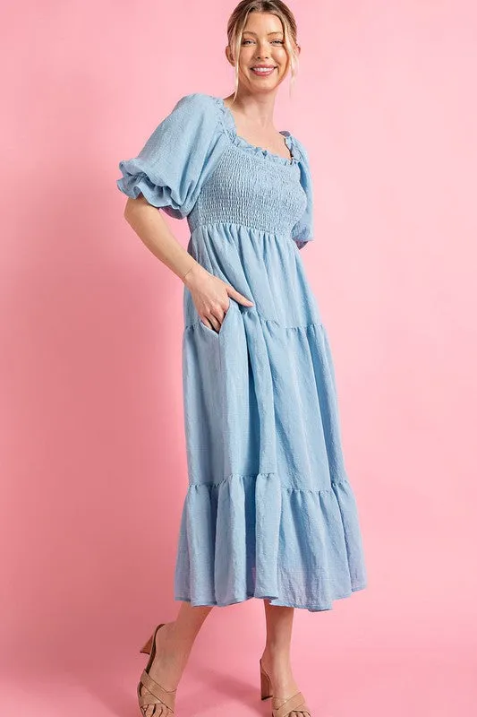 Light Blue Short Puff Sleeve Midi Dress