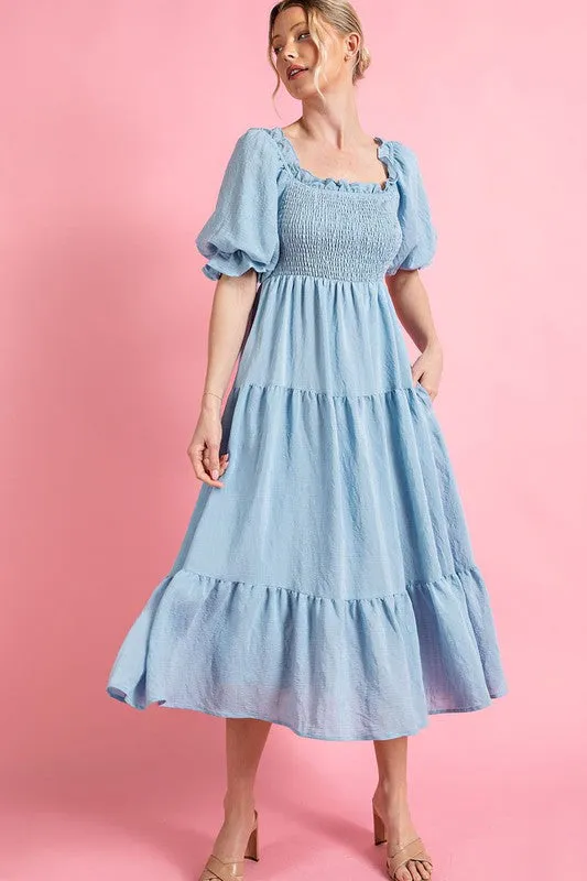 Light Blue Short Puff Sleeve Midi Dress