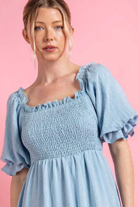 Light Blue Short Puff Sleeve Midi Dress