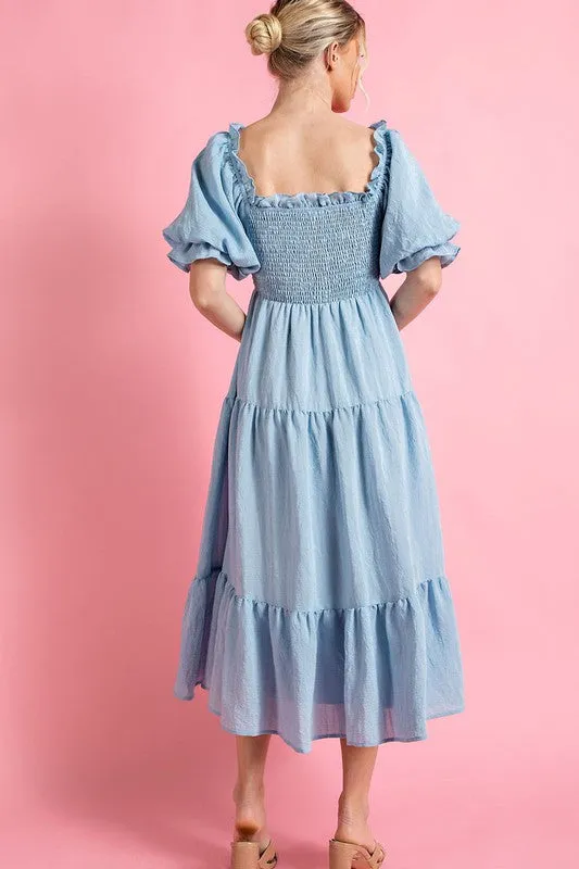 Light Blue Short Puff Sleeve Midi Dress