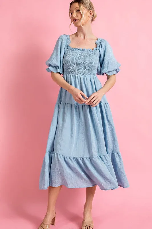 Light Blue Short Puff Sleeve Midi Dress