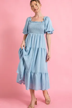 Light Blue Short Puff Sleeve Midi Dress