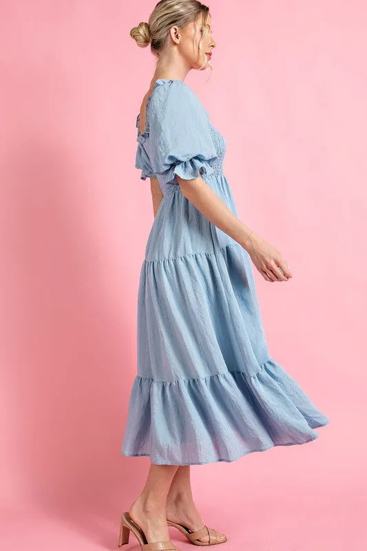 Light Blue Short Puff Sleeve Midi Dress