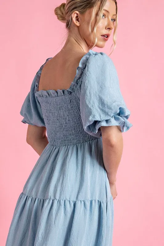 Light Blue Short Puff Sleeve Midi Dress