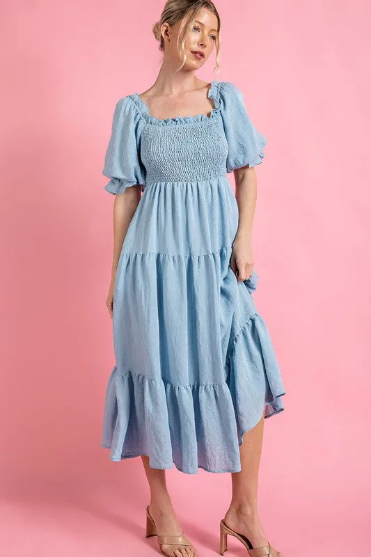 Light Blue Short Puff Sleeve Midi Dress