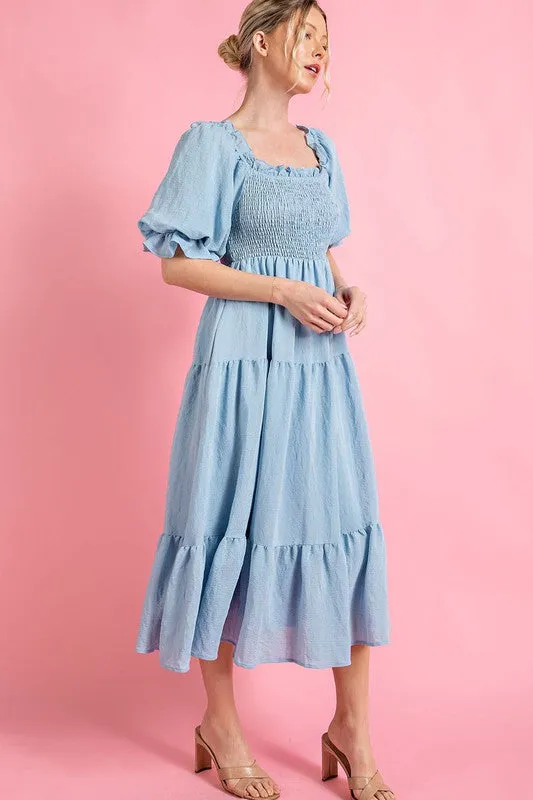 Light Blue Short Puff Sleeve Midi Dress