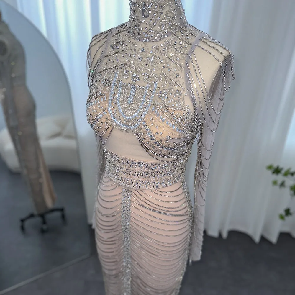 Luxury Crystal Tassel Long Sleeve Evening Dress RM152
