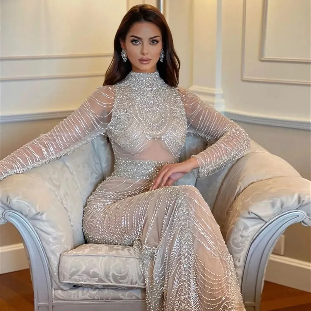 Luxury Crystal Tassel Long Sleeve Evening Dress RM152