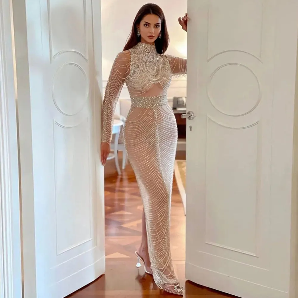 Luxury Crystal Tassel Long Sleeve Evening Dress RM152