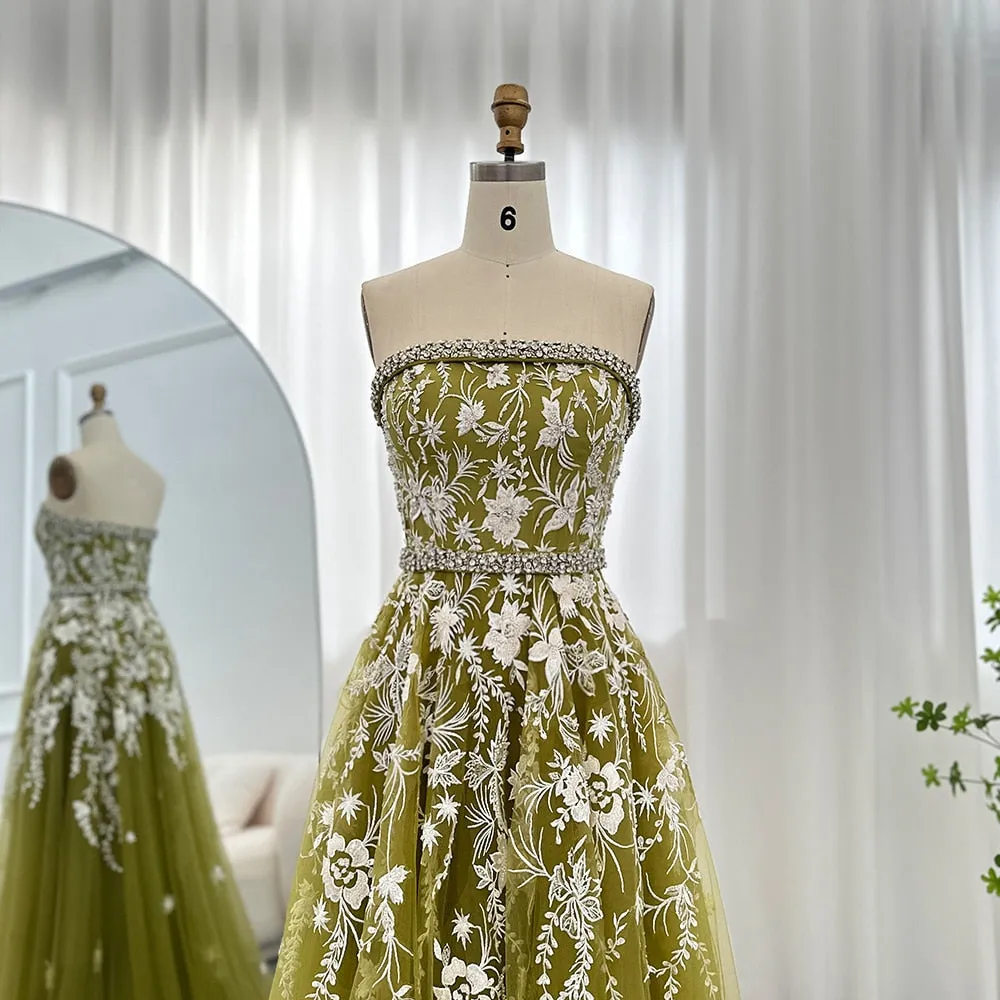 Luxury Olive Green Beaded Strapless Evening Dress SS380
