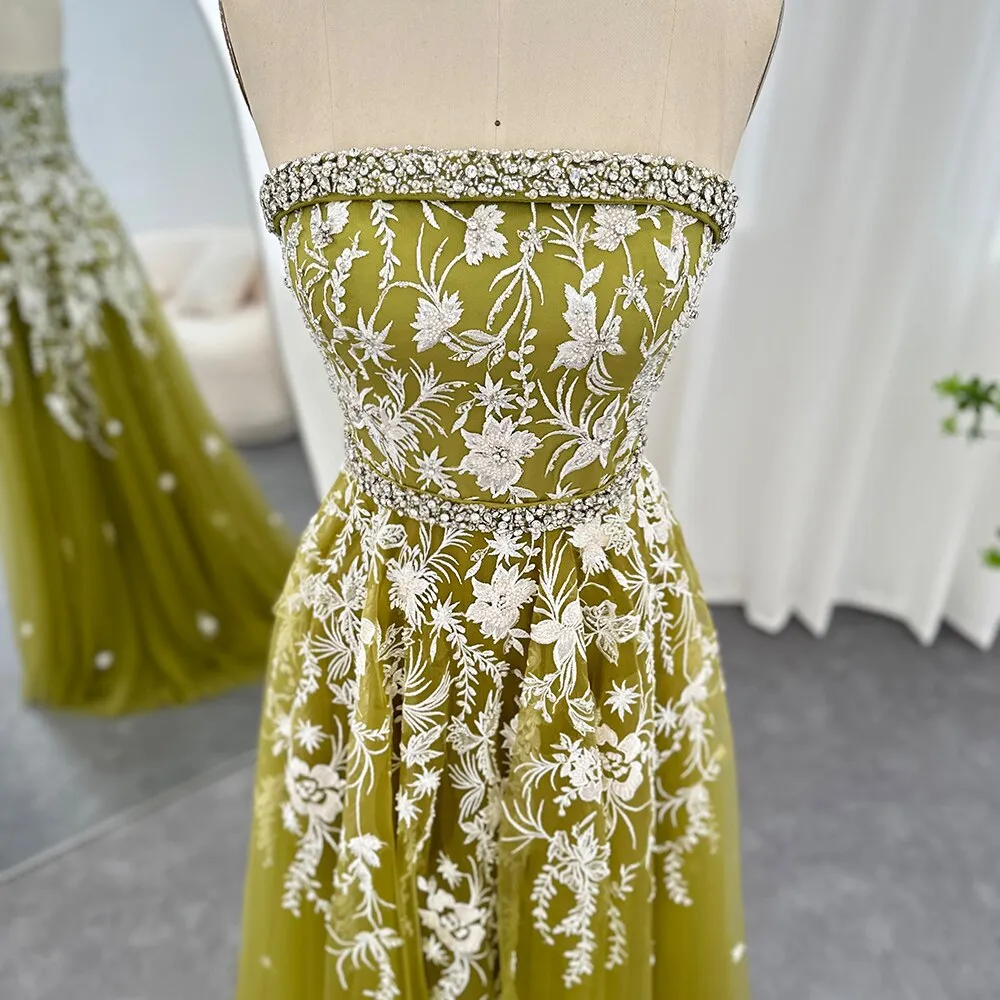 Luxury Olive Green Beaded Strapless Evening Dress SS380