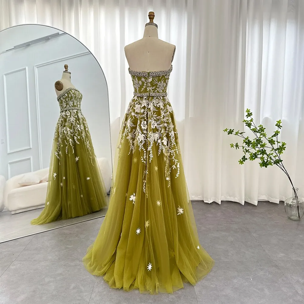 Luxury Olive Green Beaded Strapless Evening Dress SS380