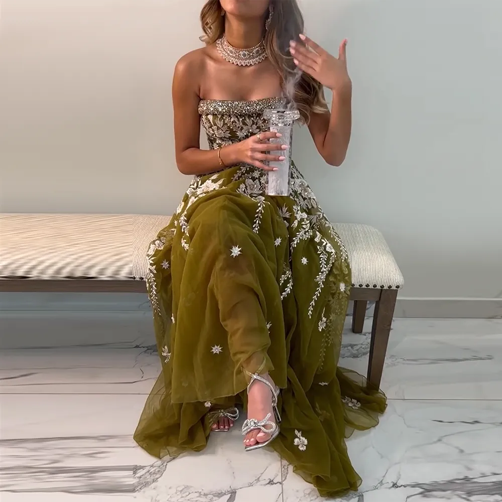 Luxury Olive Green Beaded Strapless Evening Dress SS380