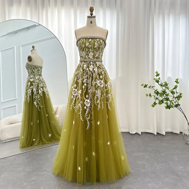 Luxury Olive Green Beaded Strapless Evening Dress SS380