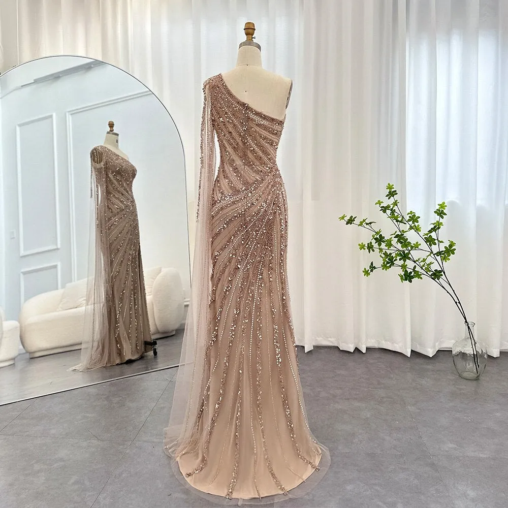 Luxury Pink One Shoulder Evening Dress with Cape Sleeve SS226