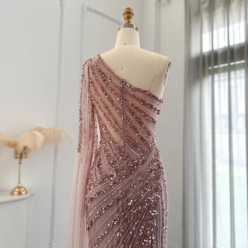 Luxury Pink One Shoulder Evening Dress with Cape Sleeve SS226