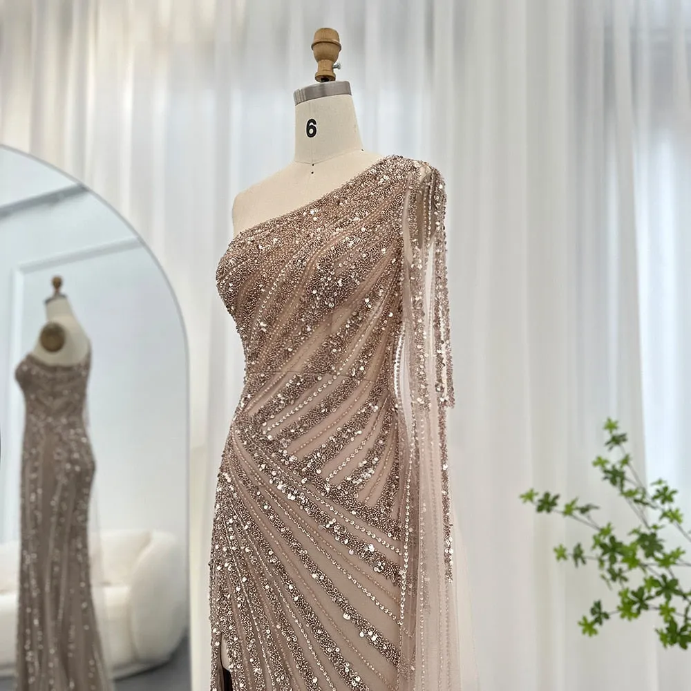 Luxury Pink One Shoulder Evening Dress with Cape Sleeve SS226