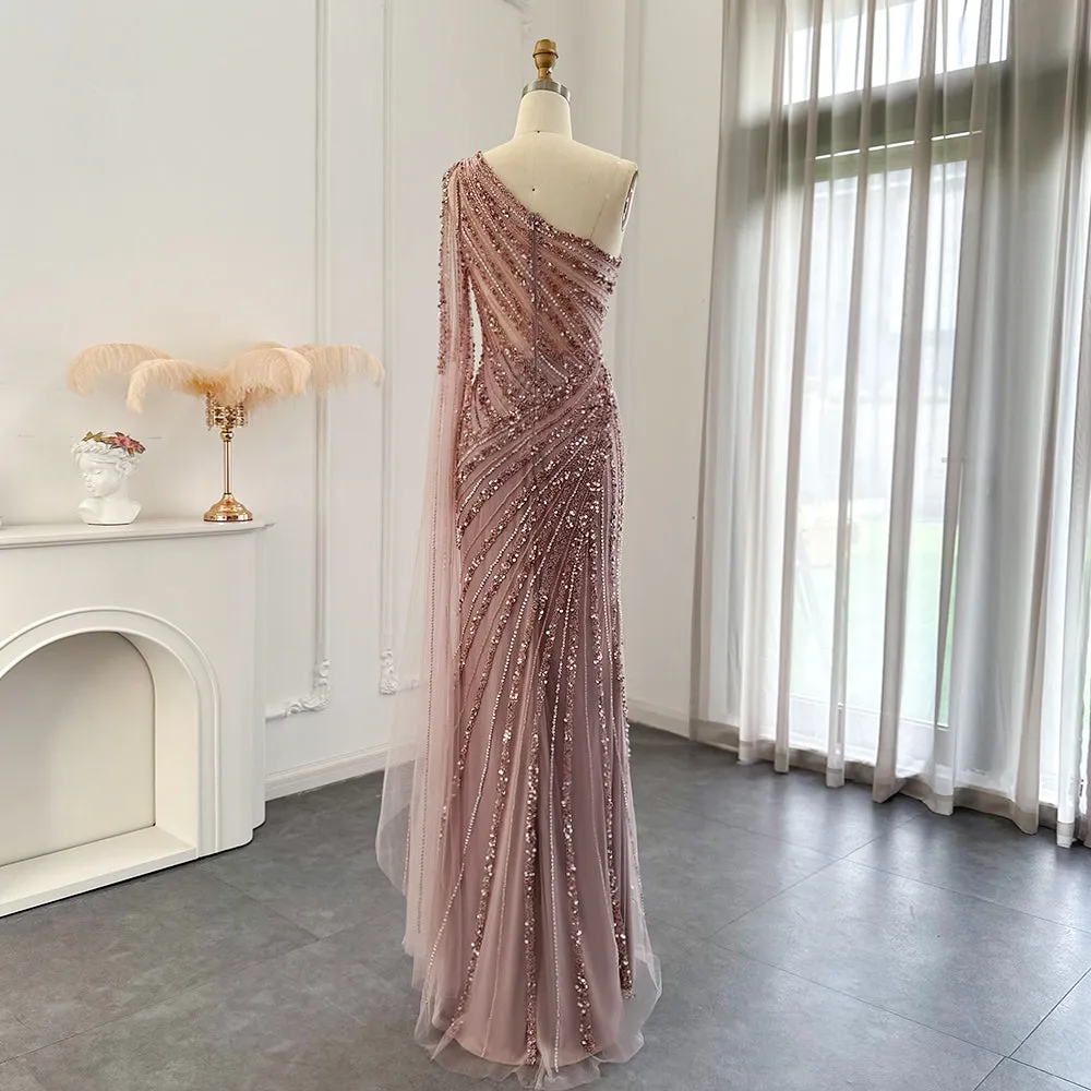 Luxury Pink One Shoulder Evening Dress with Cape Sleeve SS226